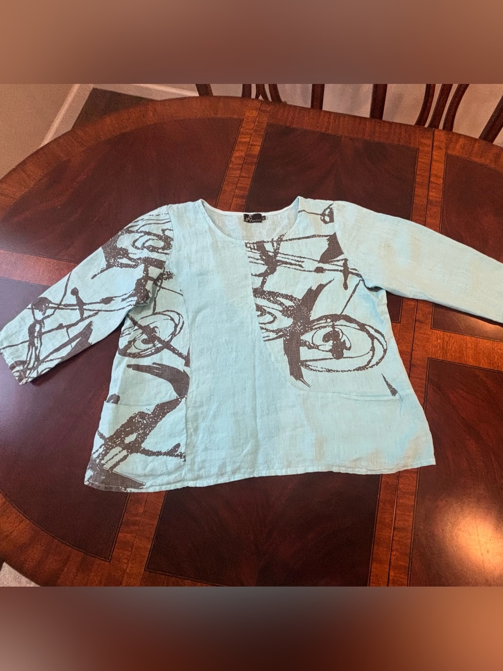 FENINI 100% Linen Abstract Graphic Print Tunic Top Pockets USA XL Lagenlook
